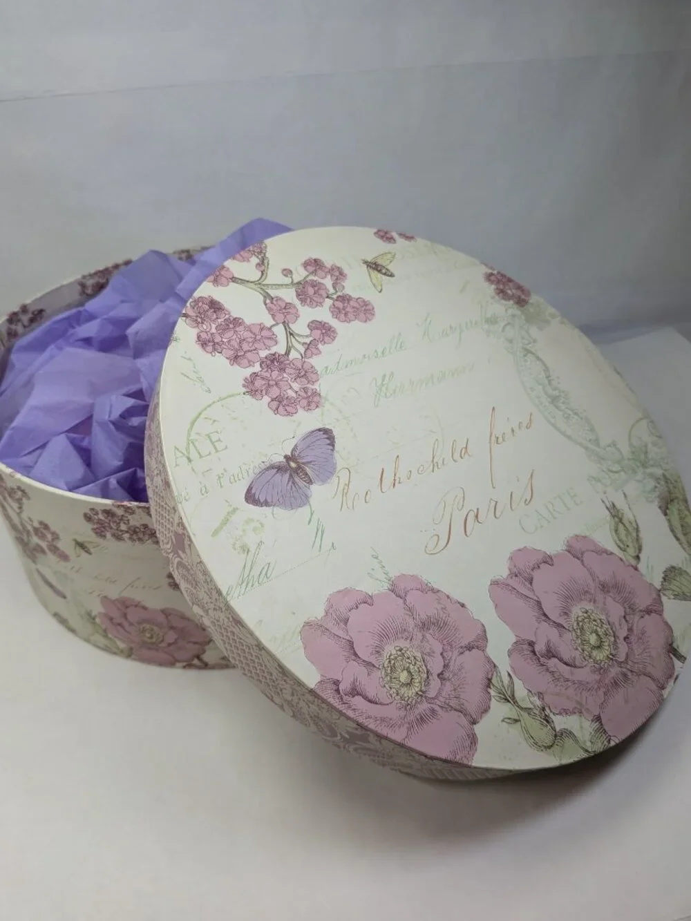 Paula Scaletta Townhouse Paris Postcard Floral Round Hat Box Butterfly 12